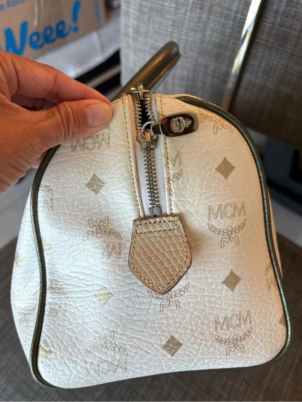MCM White and Olive Leather Top-Handle Satchel